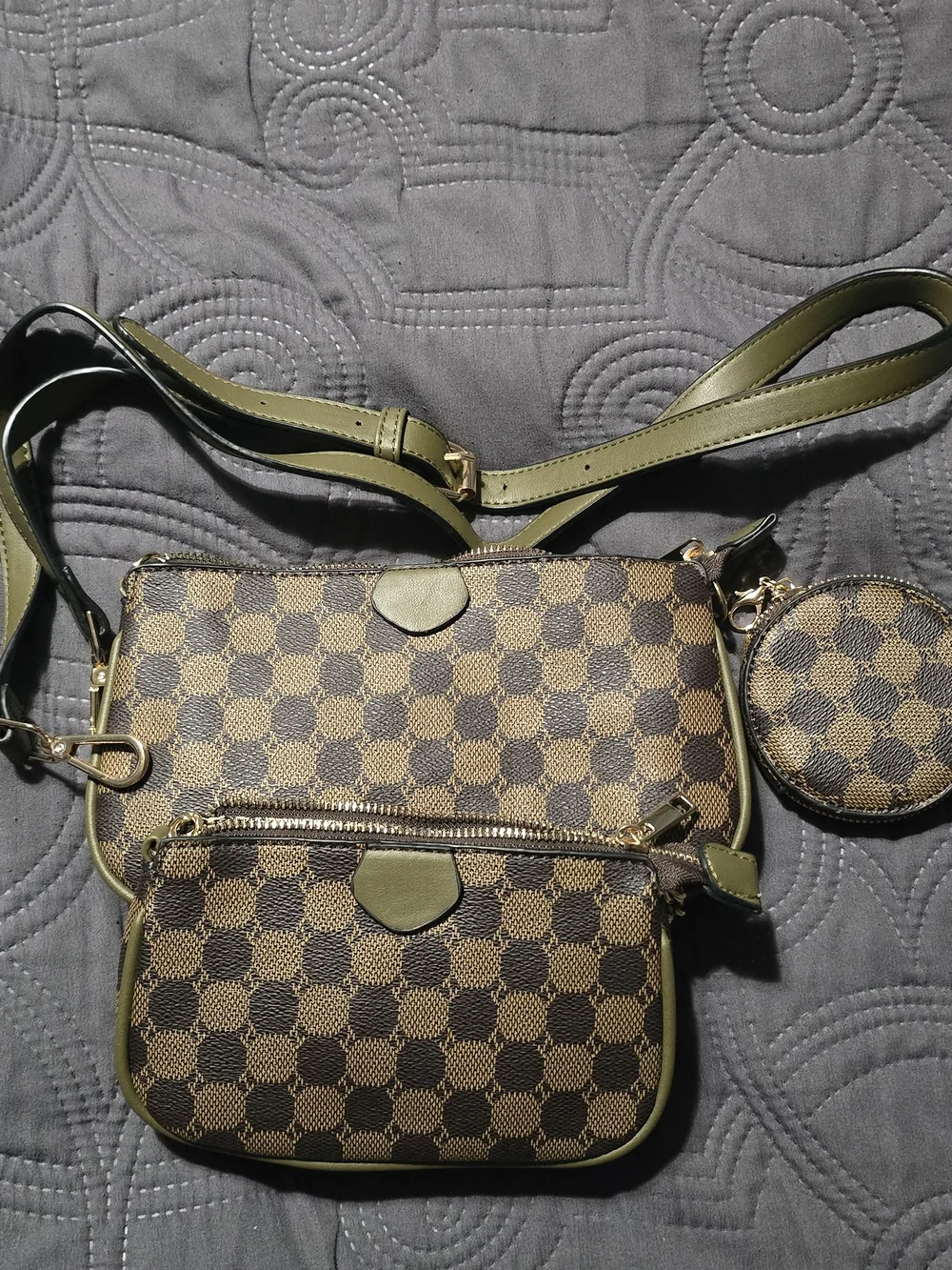 Brown Check Crossbody Bag with Olive Trim